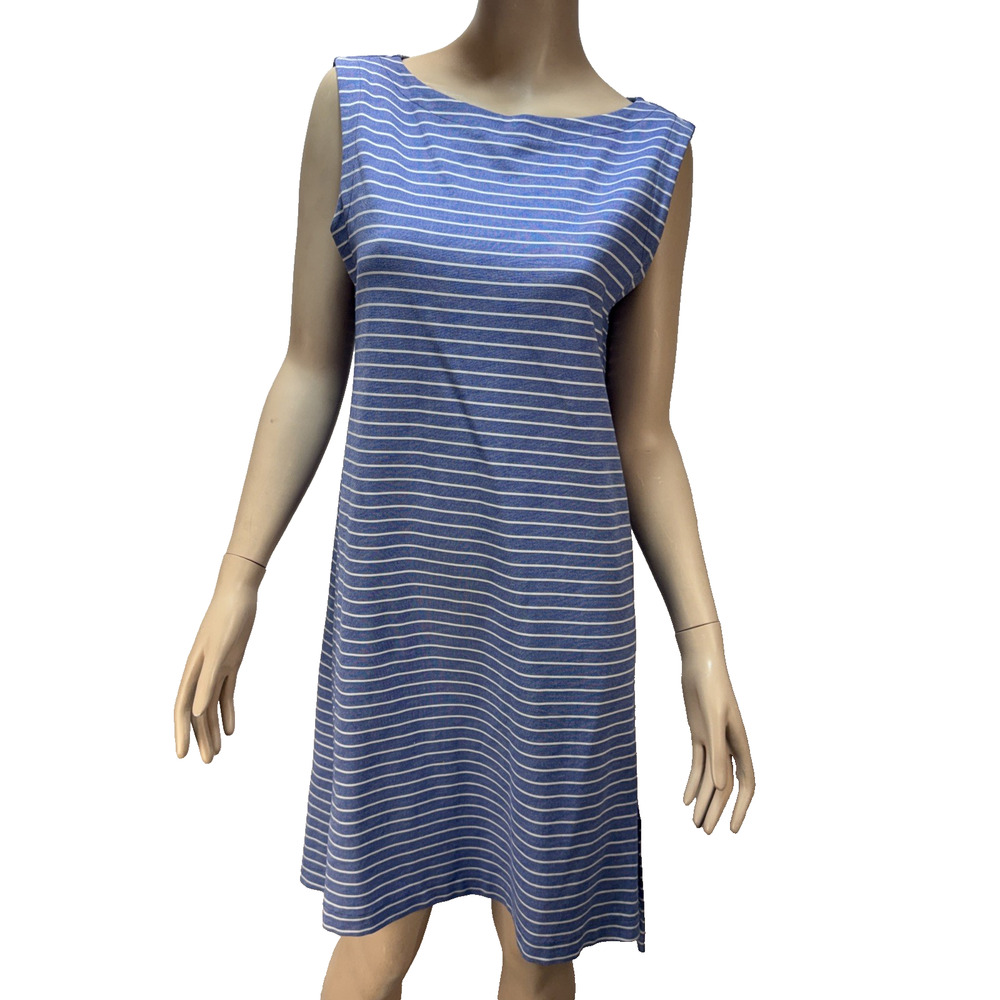 Lesley Evers Womens Blue Stripe Shift Dress Size L Boat Neck Sleeveless Made USA